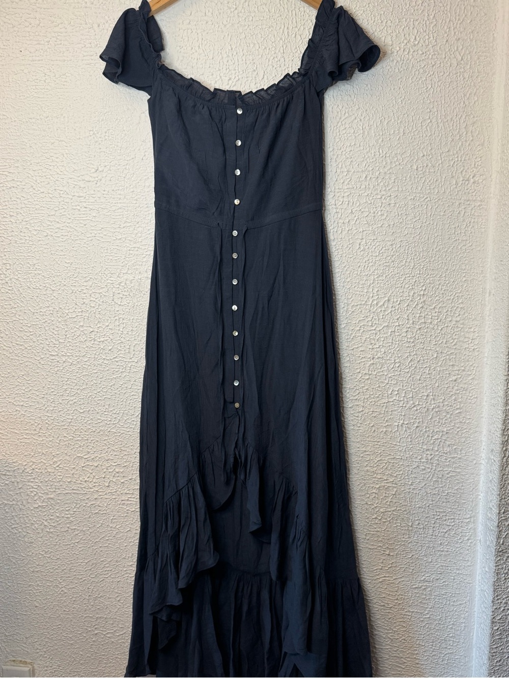 Off-Shoulder Navy Button-Front Maxi Dress